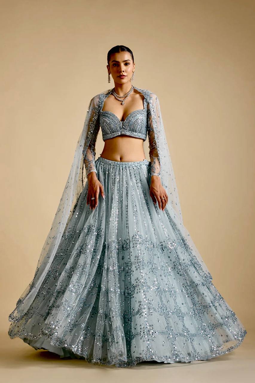 Sky Blue Brighten Your Day Stunning Net Lehenga Set with Sequins Work ClothsVilla Main image