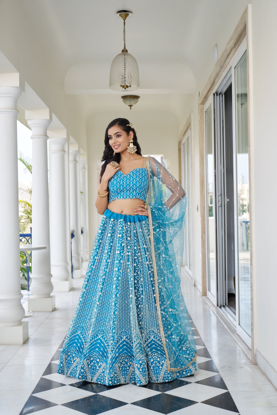 Sky Blue Butterfly Net Lehenga with Intricate White Thread and Sequin Embroidery Main image
