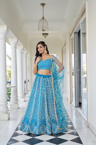 Sky Blue Butterfly Net Lehenga with Intricate White Thread and Sequin Embroidery