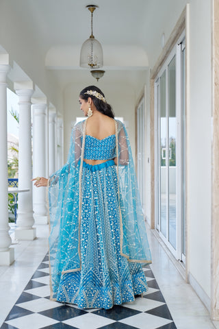 Sky Blue Butterfly Net Lehenga with Intricate White Thread and Sequin Embroidery