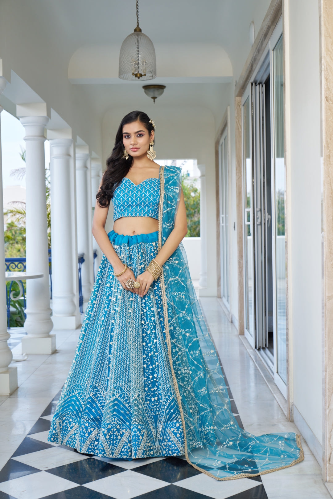 Sky Blue Butterfly Net Lehenga with Intricate White Thread and Sequin Embroidery