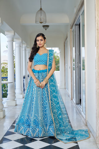 Sky Blue Butterfly Net Lehenga with Intricate White Thread and Sequin Embroidery