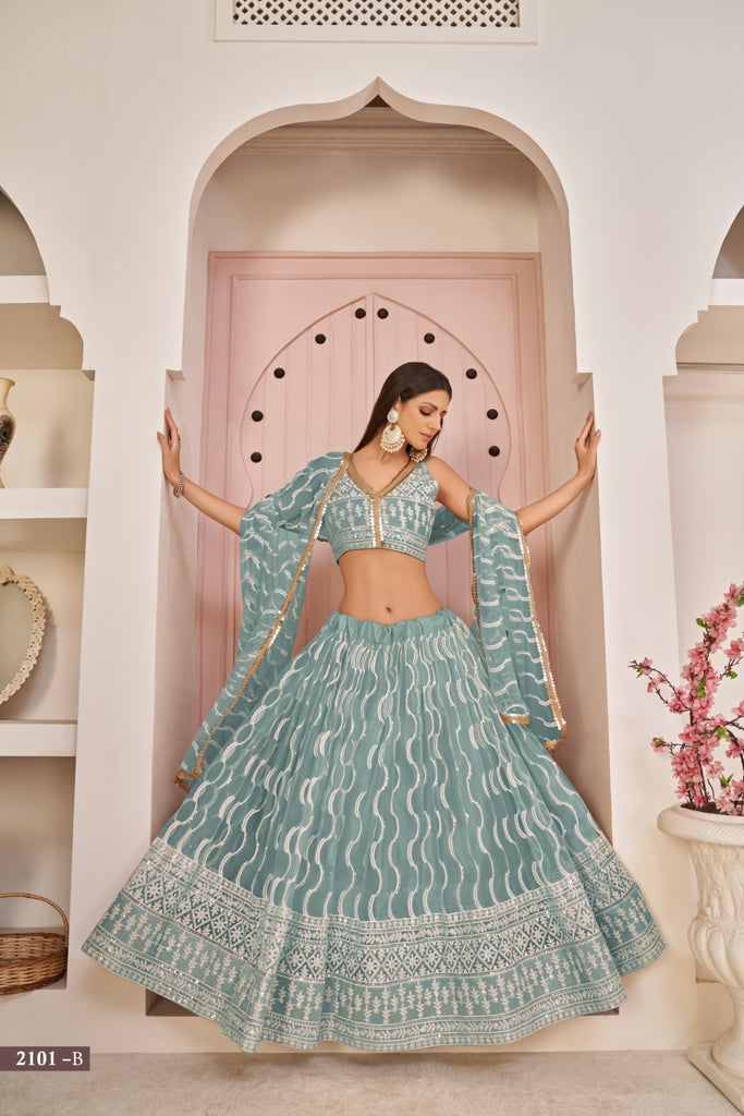 Sky Blue Butterfly Net Lehenga with White Cotton Thread, Zari, and Sandwich Sequence Embroidery ClothsVilla