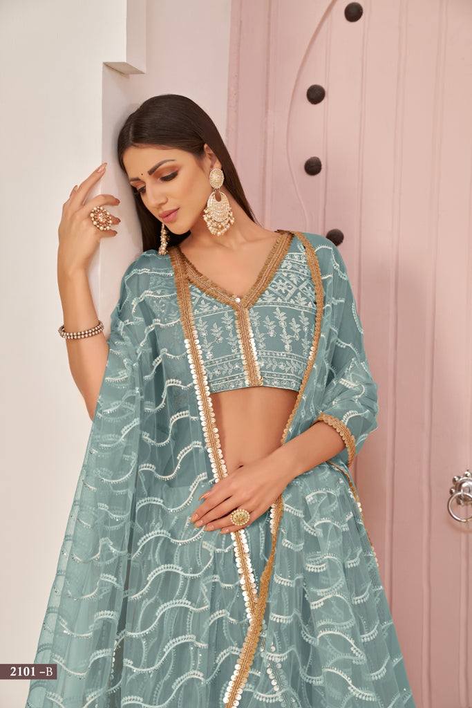 Sky Blue Butterfly Net Lehenga with White Cotton Thread, Zari, and Sandwich Sequence Embroidery ClothsVilla