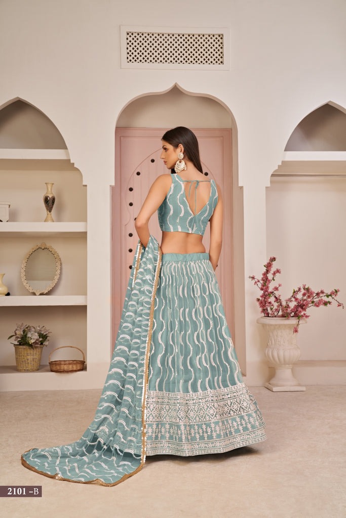 Sky Blue Butterfly Net Lehenga with White Cotton Thread, Zari, and Sandwich Sequence Embroidery ClothsVilla