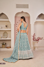 Load image into Gallery viewer, Sky Blue Butterfly Net Lehenga with White Cotton Thread, Zari, and Sandwich Sequence Embroidery ClothsVilla