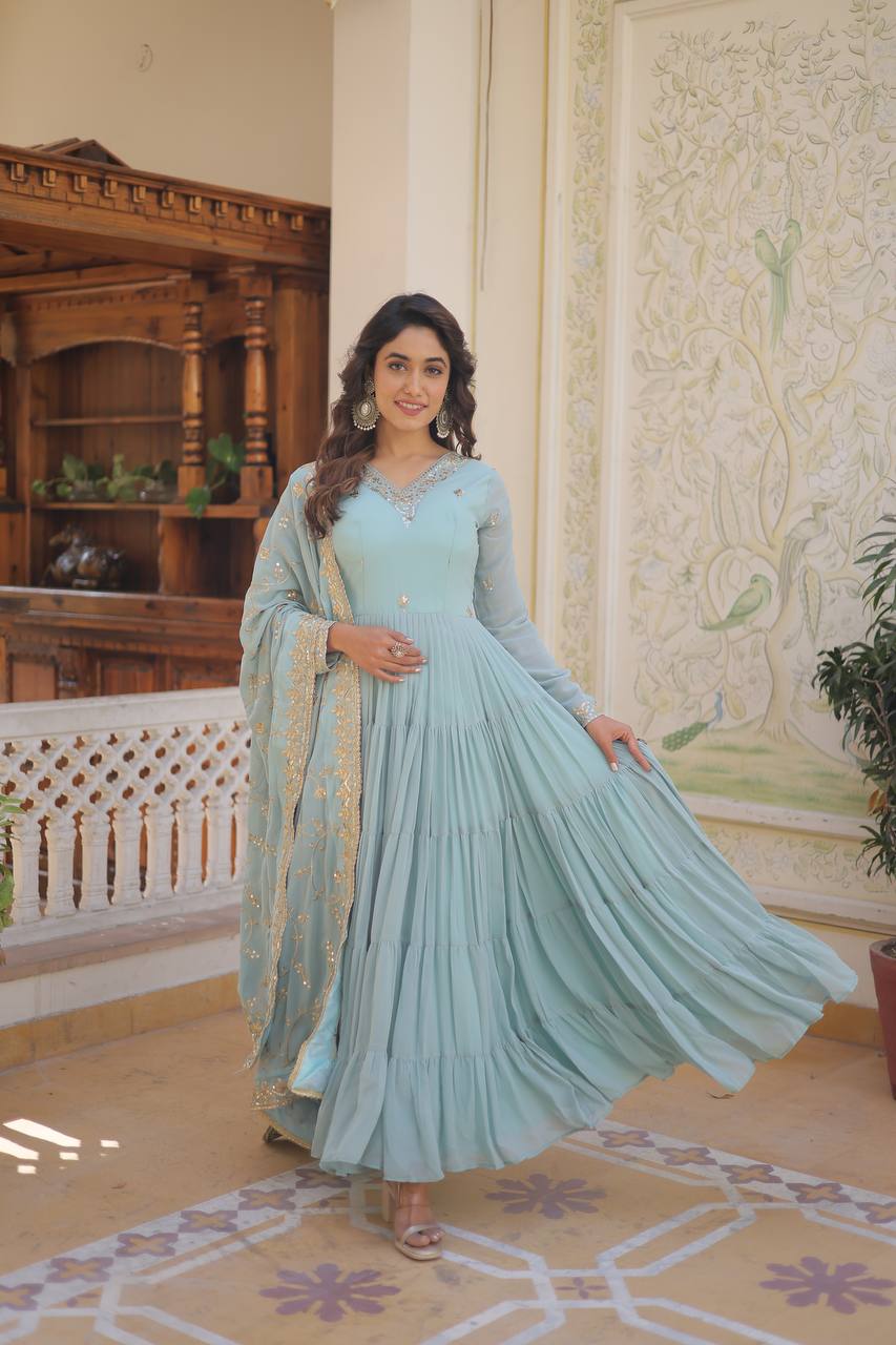 Sky Blue Captivating Unique Colored Faux Georgette Embroidered Gown with Sequined Dupatta ClothsVilla