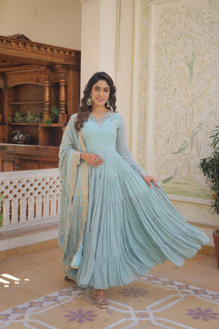 Sky Blue Captivating Unique Colored Faux Georgette Embroidered Gown with Sequined Dupatta ClothsVilla