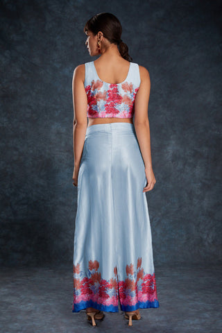Sky Blue Chic Printed Satin Co-Ord Set Top & Pant ClothsVilla