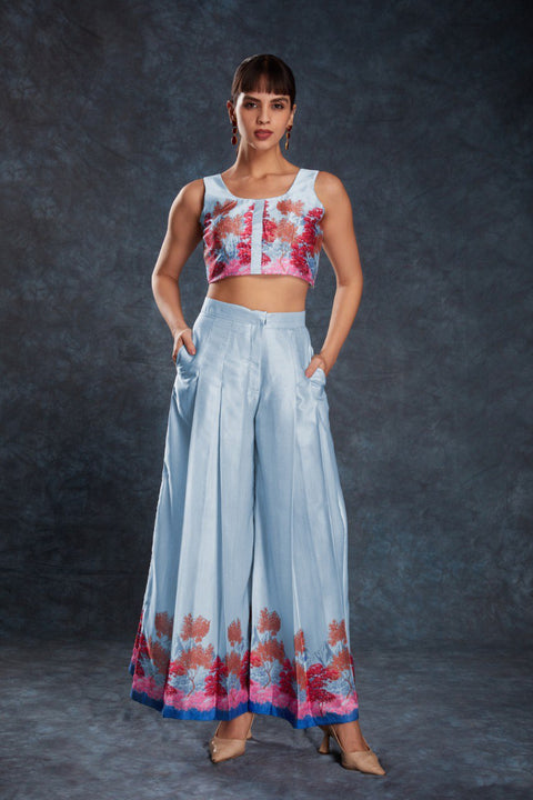 Sky Blue Chic Printed Satin Co-Ord Set Top & Pant ClothsVilla Main image