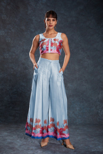 Sky Blue Chic Printed Satin Co-Ord Set Top & Pant ClothsVilla