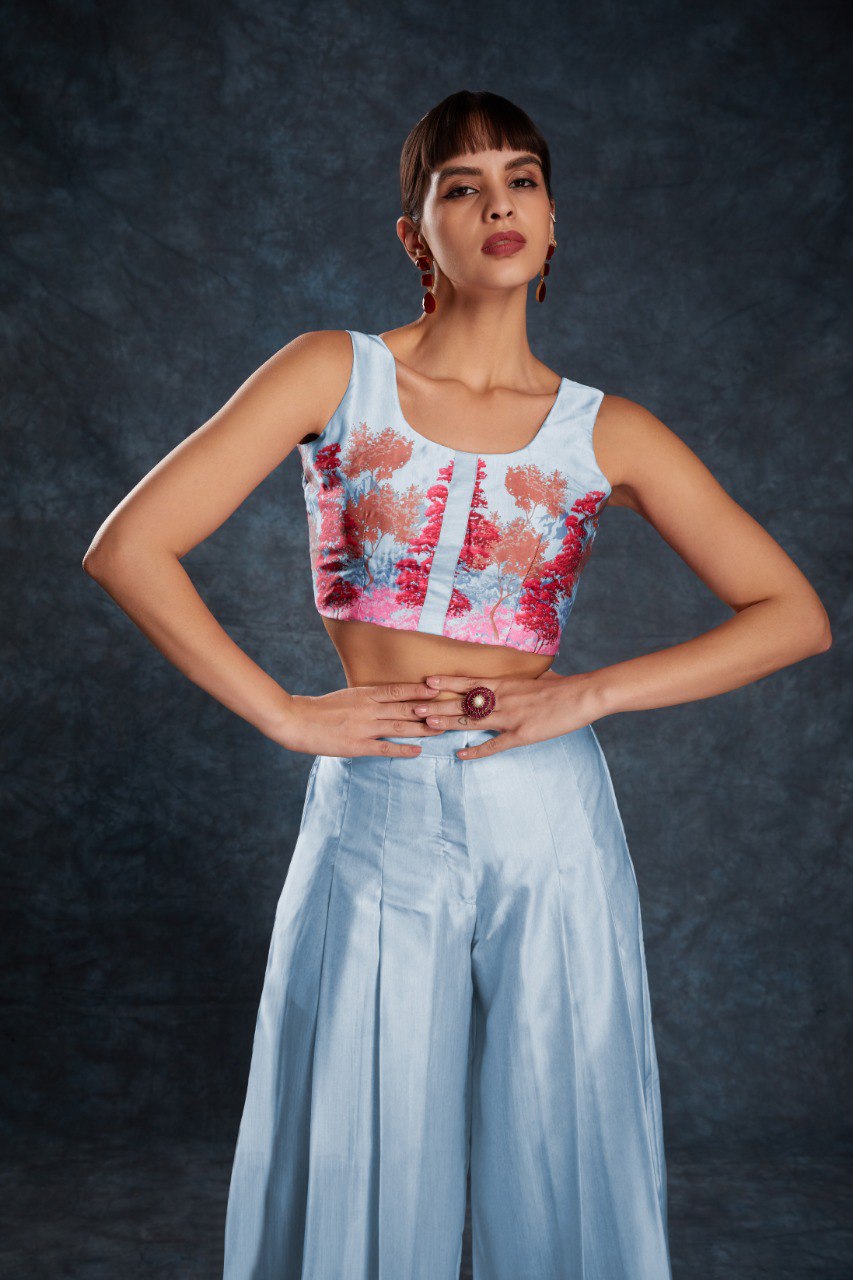 Sky Blue Chic Printed Satin Co-Ord Set Top & Pant ClothsVilla