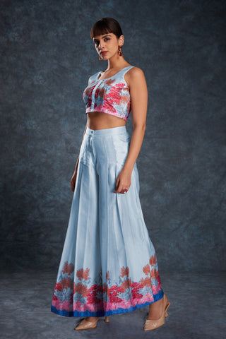 Sky Blue Chic Printed Satin Co-Ord Set Top & Pant ClothsVilla