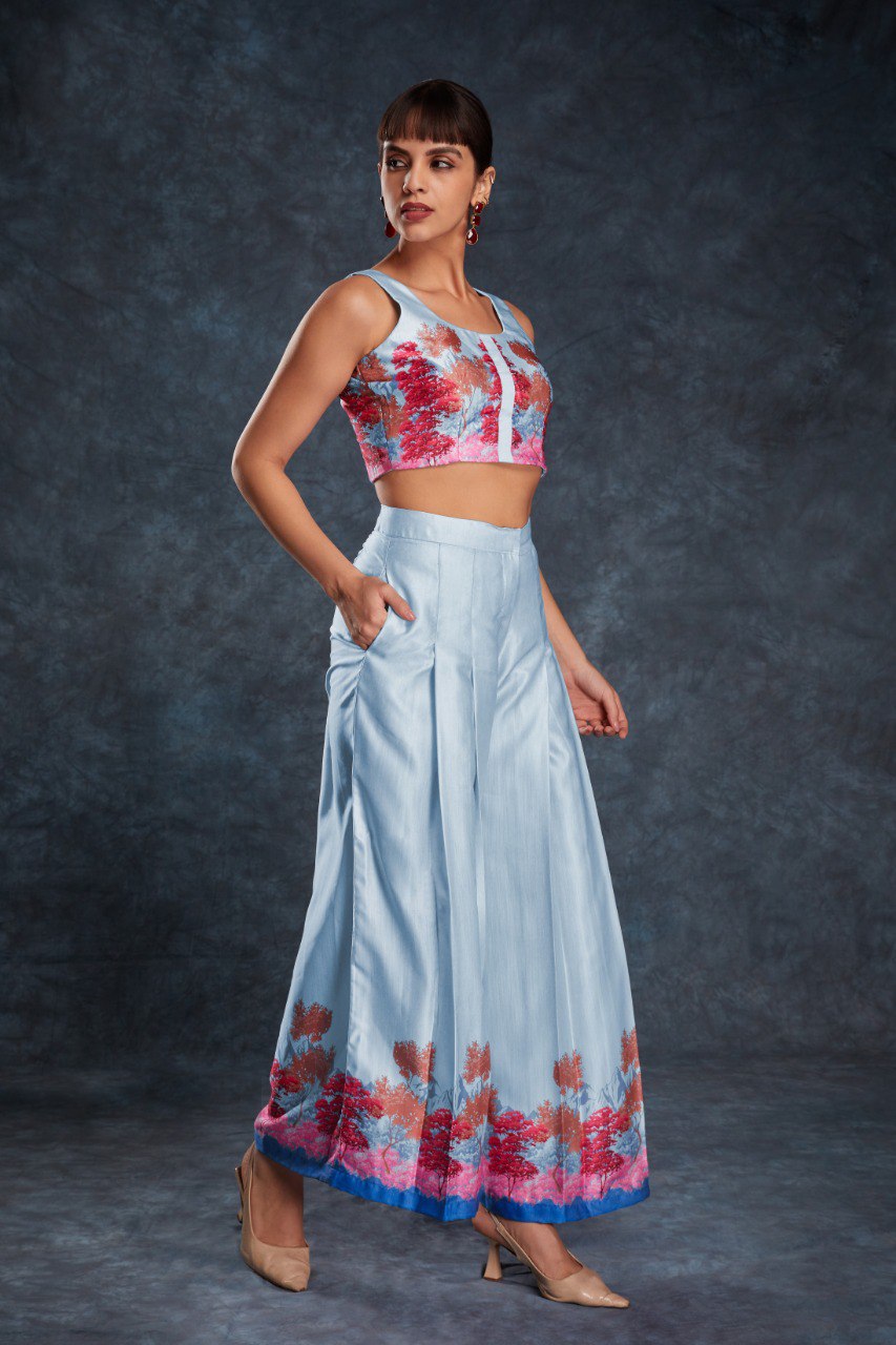 Sky Blue Chic Printed Satin Co-Ord Set Top & Pant ClothsVilla