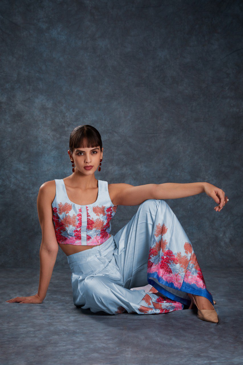 Sky Blue Chic Printed Satin Co-Ord Set Top & Pant ClothsVilla