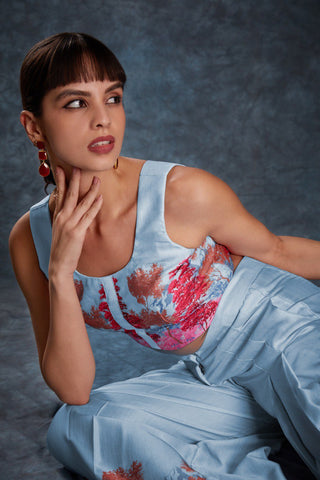 Sky Blue Chic Printed Satin Co-Ord Set Top & Pant ClothsVilla