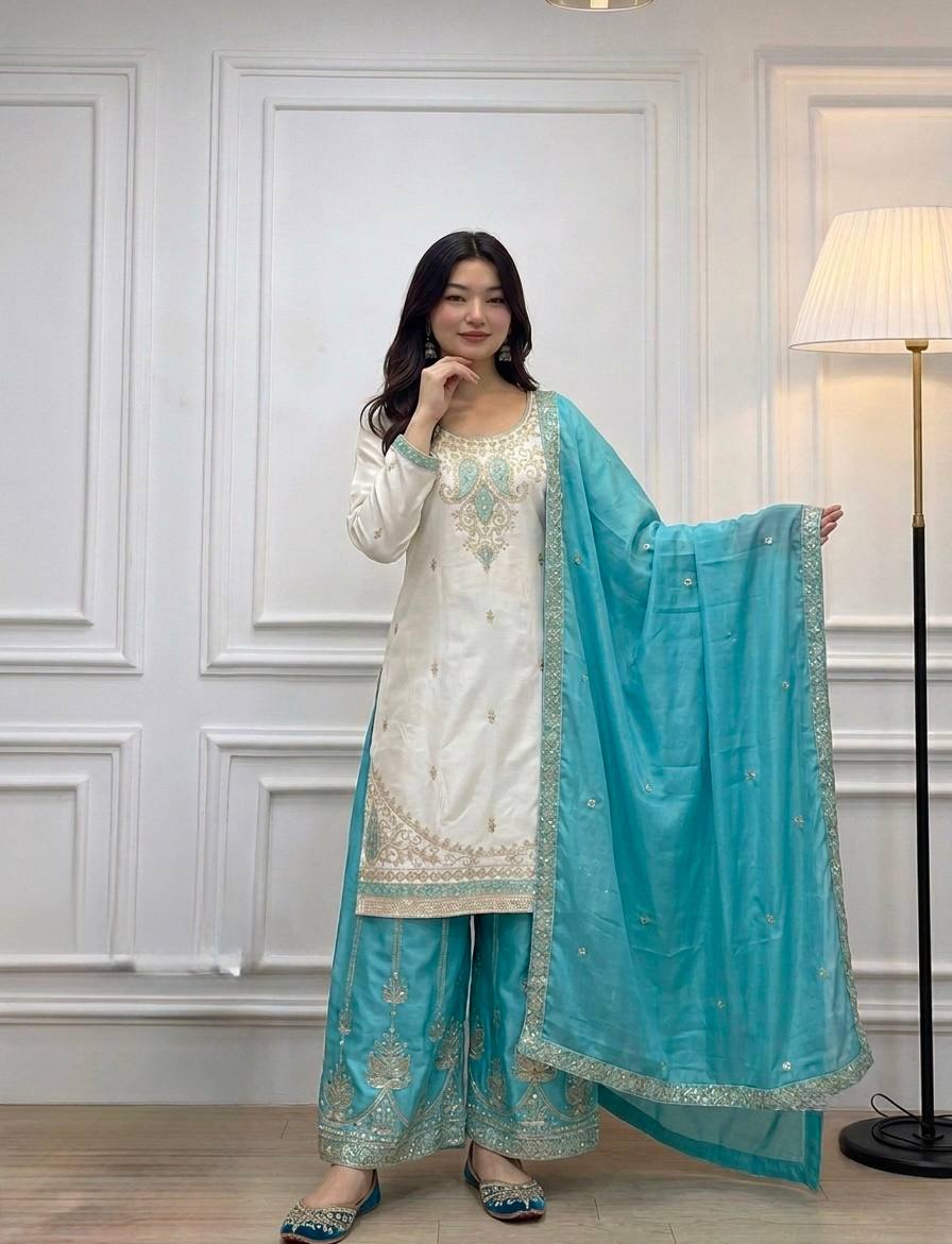 Sky Blue Chinon Silk Embroidered Palazzo Suit ClothsVilla