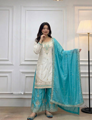 Sky Blue Chinon Silk Embroidered Palazzo Suit ClothsVilla