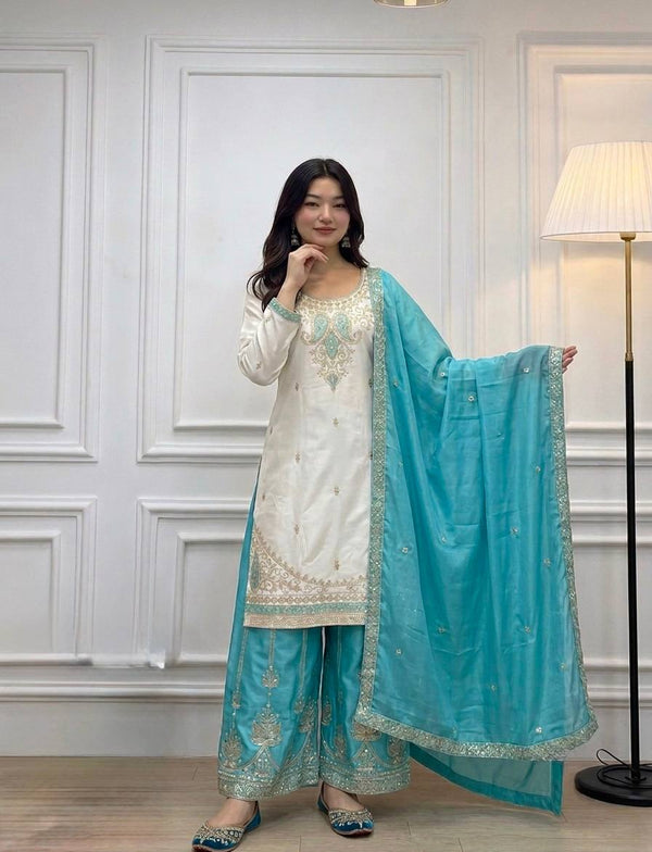 Sky Blue Chinon Silk Embroidered Palazzo Suit ClothsVilla