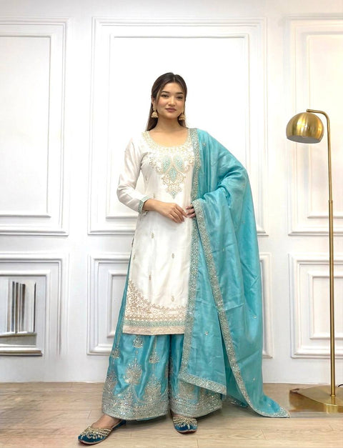 Sky Blue Chinon Silk Embroidered Palazzo Suit ClothsVilla Main image