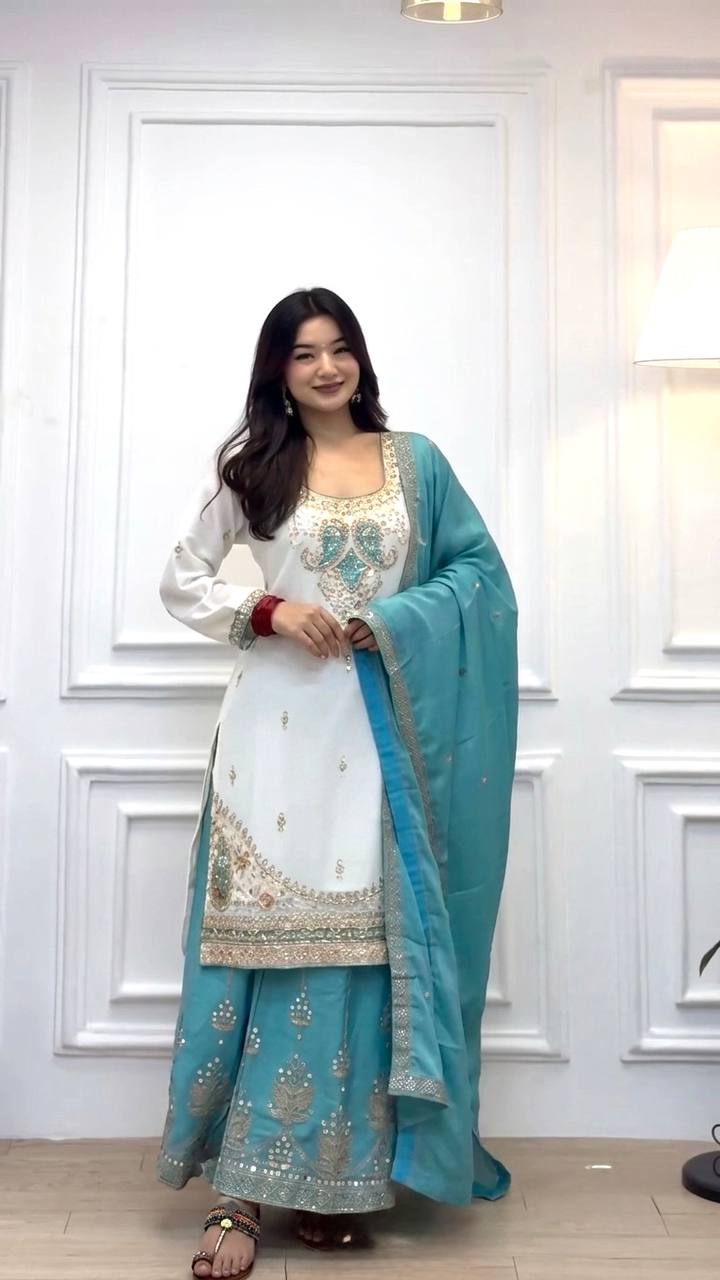 Sky Blue Chinon Silk Embroidered Palazzo Suit ClothsVilla