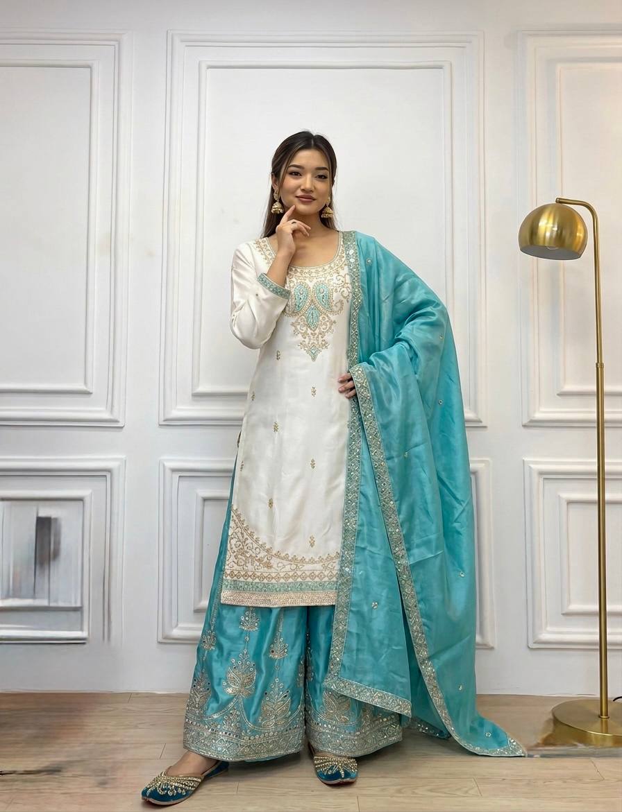 Sky Blue Chinon Silk Embroidered Palazzo Suit ClothsVilla