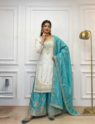 Sky Blue Chinon Silk Embroidered Palazzo Suit ClothsVilla
