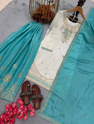 Sky Blue Chinon Silk Embroidered Palazzo Suit ClothsVilla