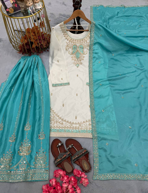 Sky Blue Chinon Silk Embroidered Palazzo Suit ClothsVilla