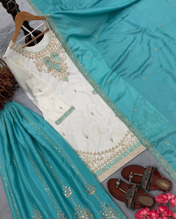Sky Blue Chinon Silk Embroidered Palazzo Suit ClothsVilla