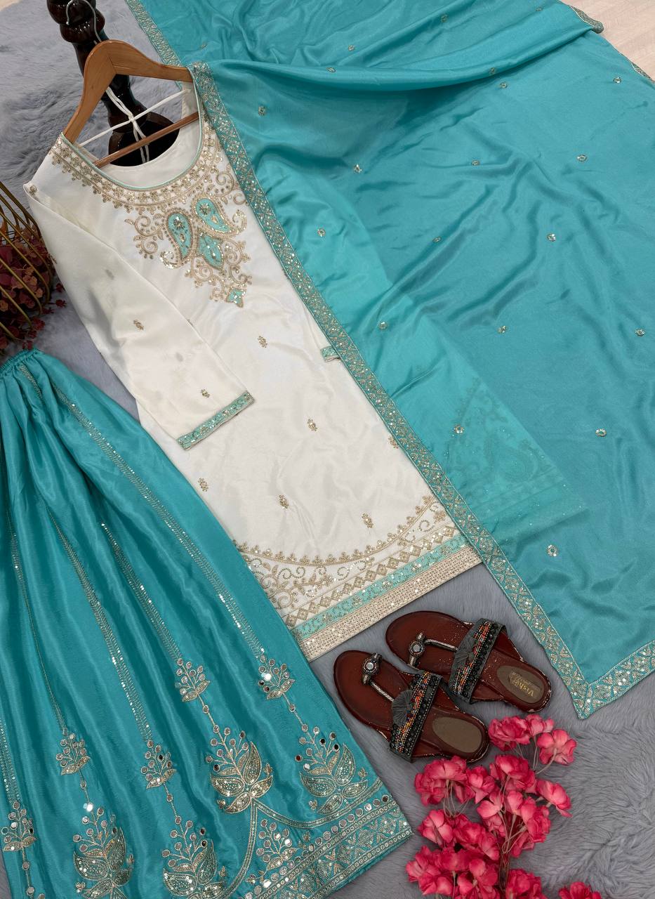Sky Blue Chinon Silk Embroidered Palazzo Suit ClothsVilla