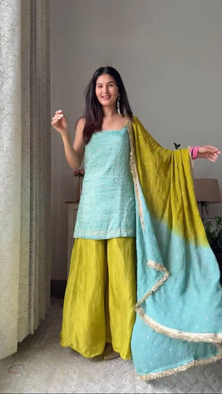 Sky Blue Chinon Silk Sequins Embroidered Palazzo Set with Dupatta ClothsVilla