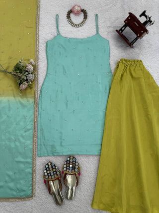 Sky Blue Chinon Silk Sequins Embroidered Palazzo Set with Dupatta ClothsVilla
