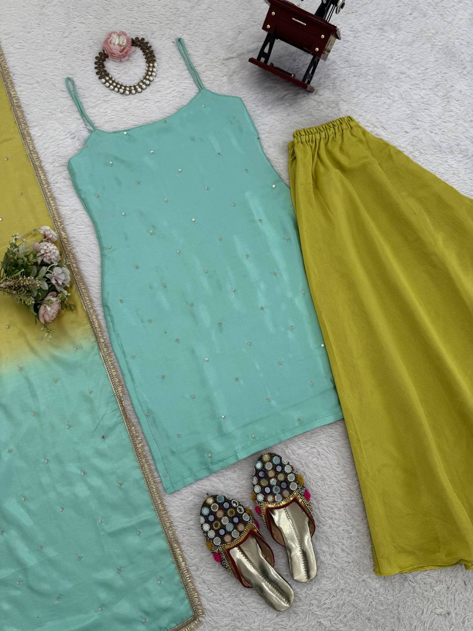 Sky Blue Chinon Silk Sequins Embroidered Palazzo Set with Dupatta ClothsVilla