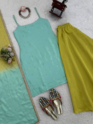 Sky Blue Chinon Silk Sequins Embroidered Palazzo Set with Dupatta ClothsVilla