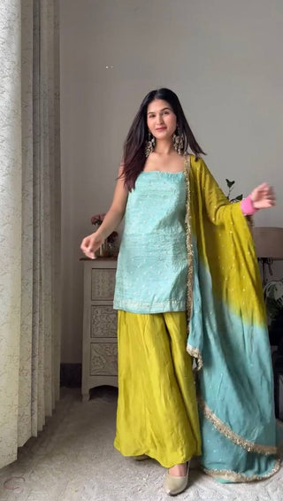 Sky Blue Chinon Silk Sequins Embroidered Palazzo Set with Dupatta ClothsVilla
