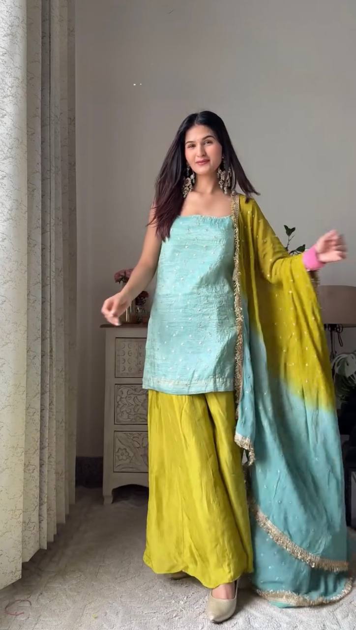 Sky Blue Chinon Silk Sequins Embroidered Palazzo Set with Dupatta ClothsVilla Main image