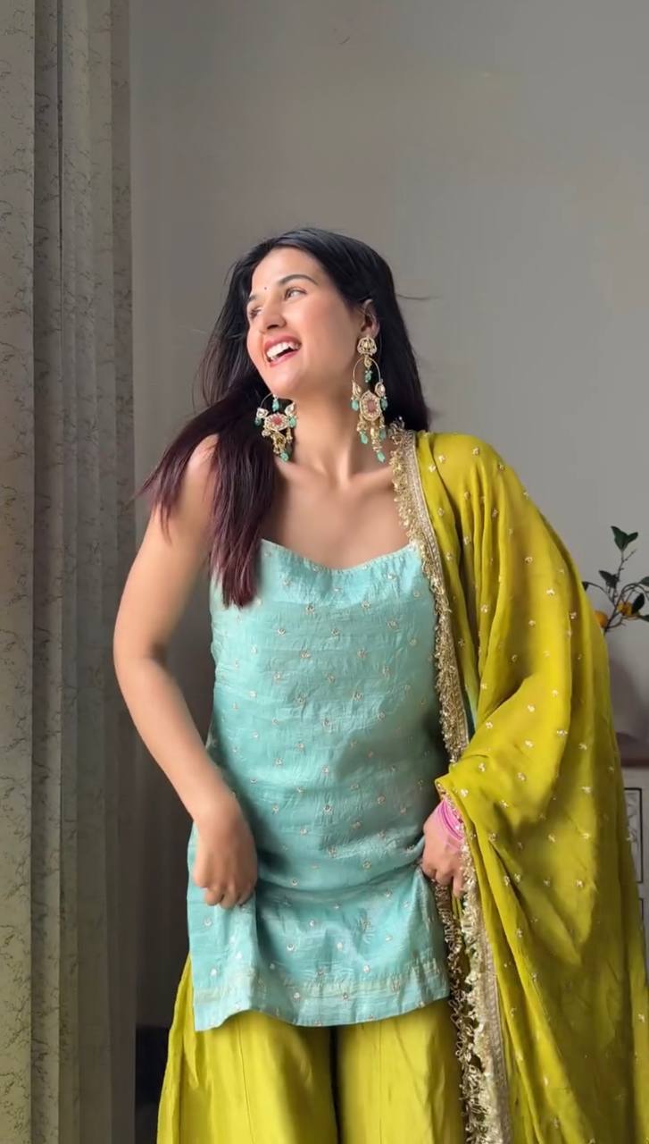 Sky Blue Chinon Silk Sequins Embroidered Palazzo Set with Dupatta ClothsVilla