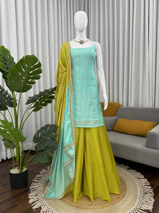 Sky Blue Chinon Silk Sequins Embroidered Palazzo Set with Dupatta ClothsVilla