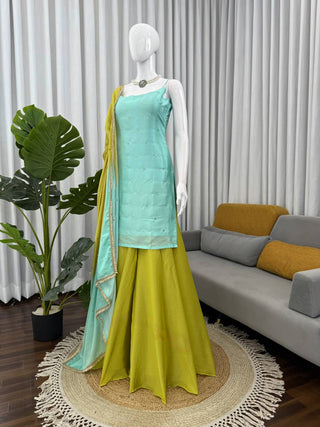 Sky Blue Chinon Silk Sequins Embroidered Palazzo Set with Dupatta ClothsVilla