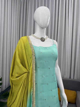 Sky Blue Chinon Silk Sequins Embroidered Palazzo Set with Dupatta ClothsVilla