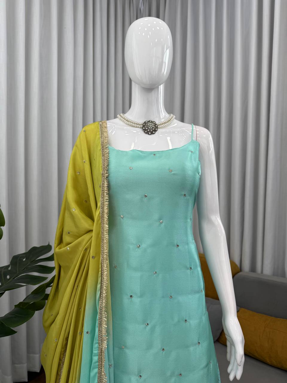 Sky Blue Chinon Silk Sequins Embroidered Palazzo Set with Dupatta ClothsVilla