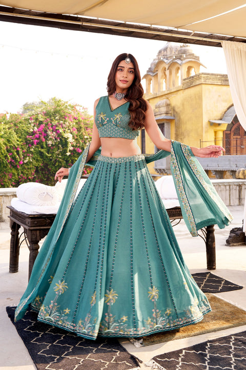 Sky Blue Chocolate Crush Sequins & Thread Embroidered Lehenga Choli Set with 4-Meter Flair and Matching Dupatta ClothsVilla Main image