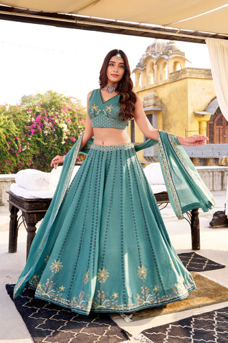 Sky Blue Chocolate Crush Sequins & Thread Embroidered Lehenga Choli Set with 4-Meter Flair and Matching Dupatta ClothsVilla