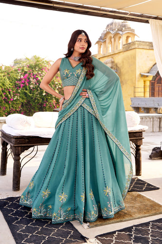 Sky Blue Chocolate Crush Sequins & Thread Embroidered Lehenga Choli Set with 4-Meter Flair and Matching Dupatta ClothsVilla