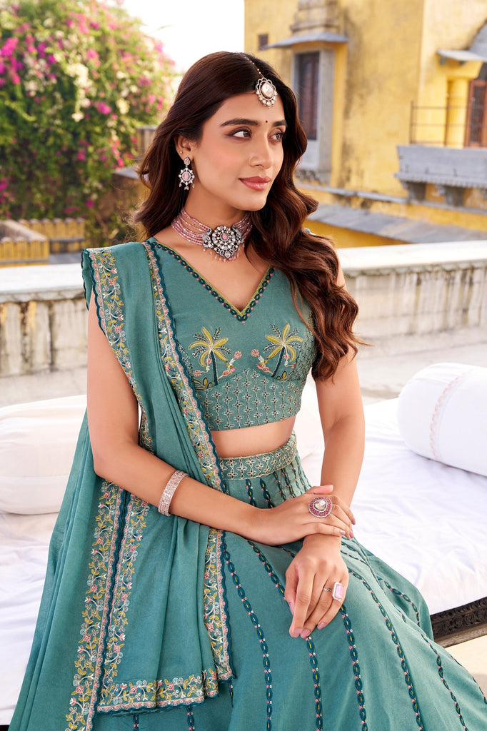 Sky Blue Chocolate Crush Sequins & Thread Embroidered Lehenga Choli Set with 4-Meter Flair and Matching Dupatta ClothsVilla