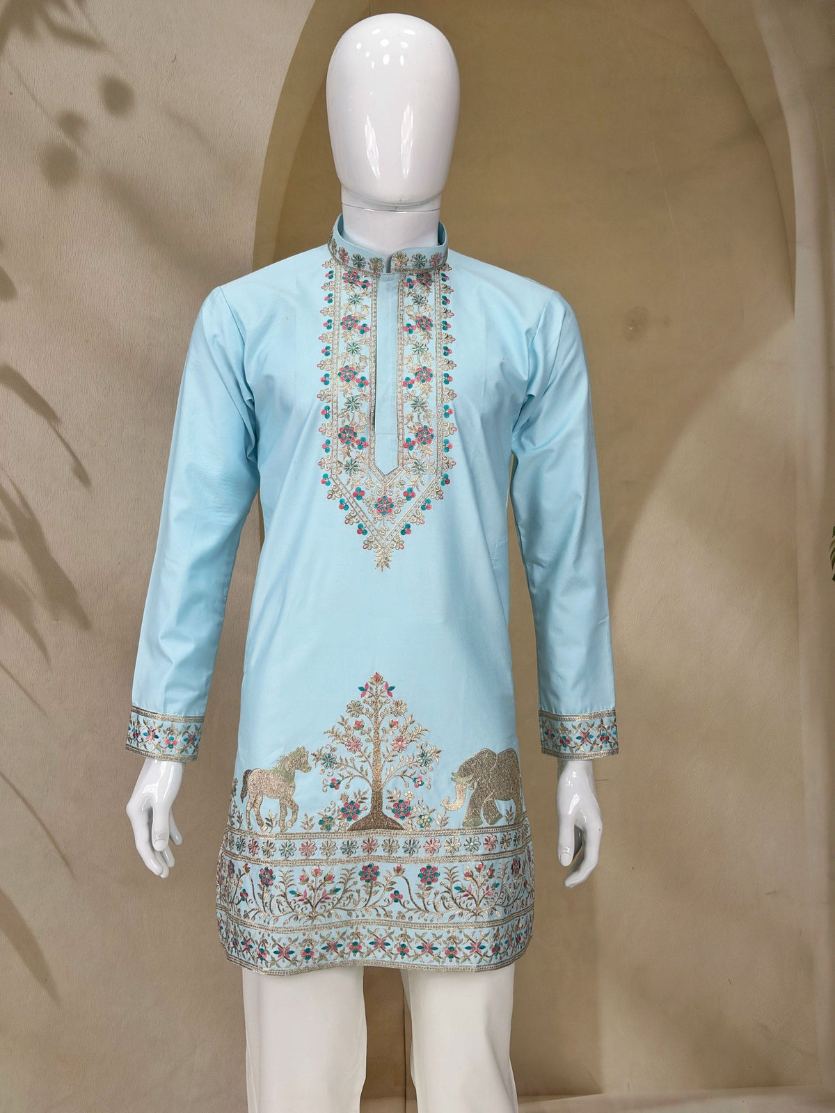 Sky Blue Coach Silk Kurta Pant Set ClothsVilla