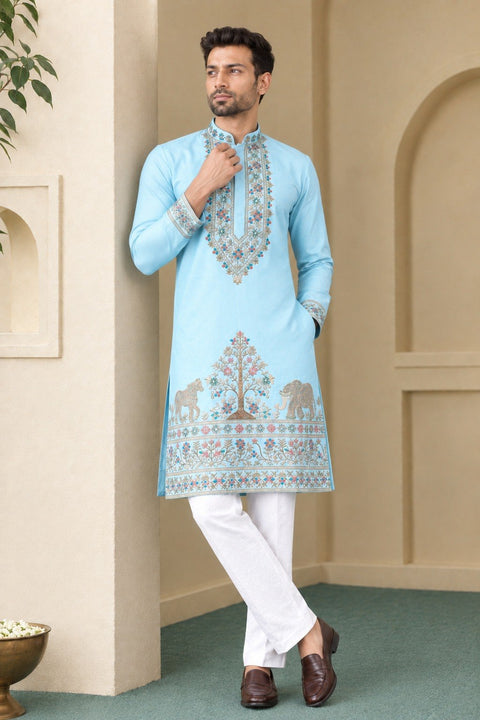 Sky Blue Coach Silk Kurta Pant Set ClothsVilla Main image
