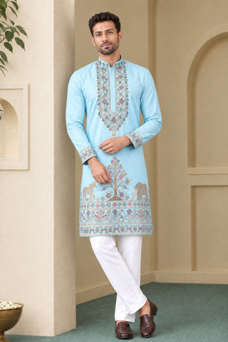 Sky Blue Coach Silk Kurta Pant Set ClothsVilla