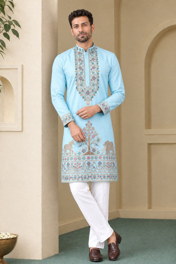 Sky Blue Coach Silk Kurta Pant Set ClothsVilla